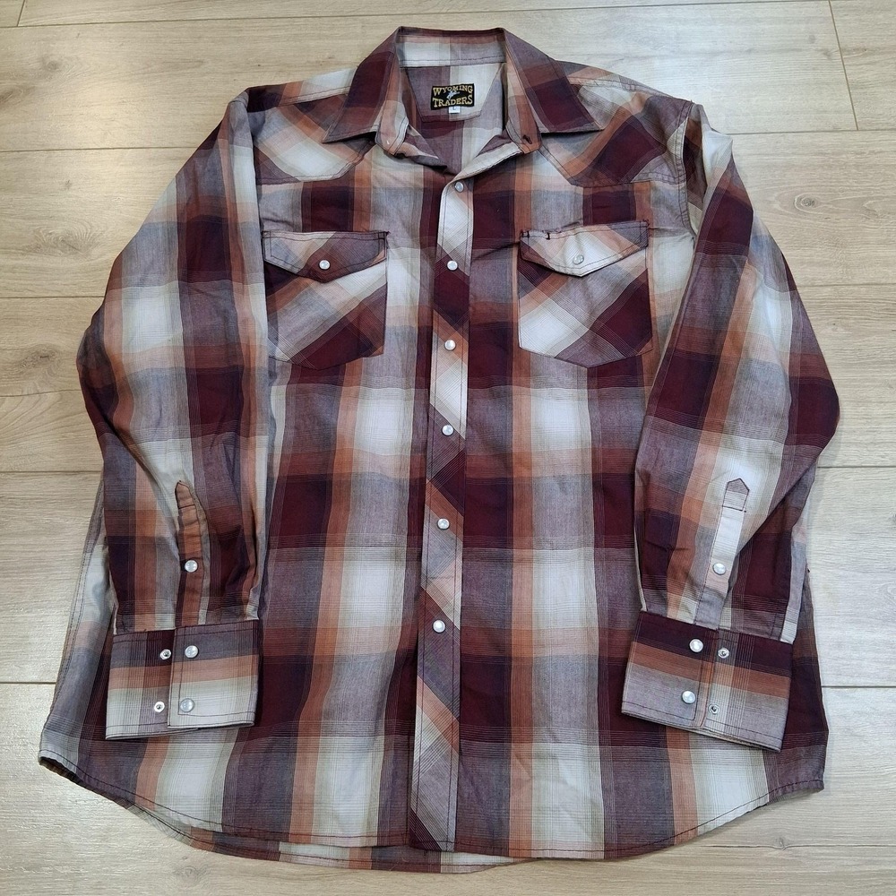 Wyoming Traders Shirt Mens Large Red Plaid Long Sleeve Western Pearl Snap